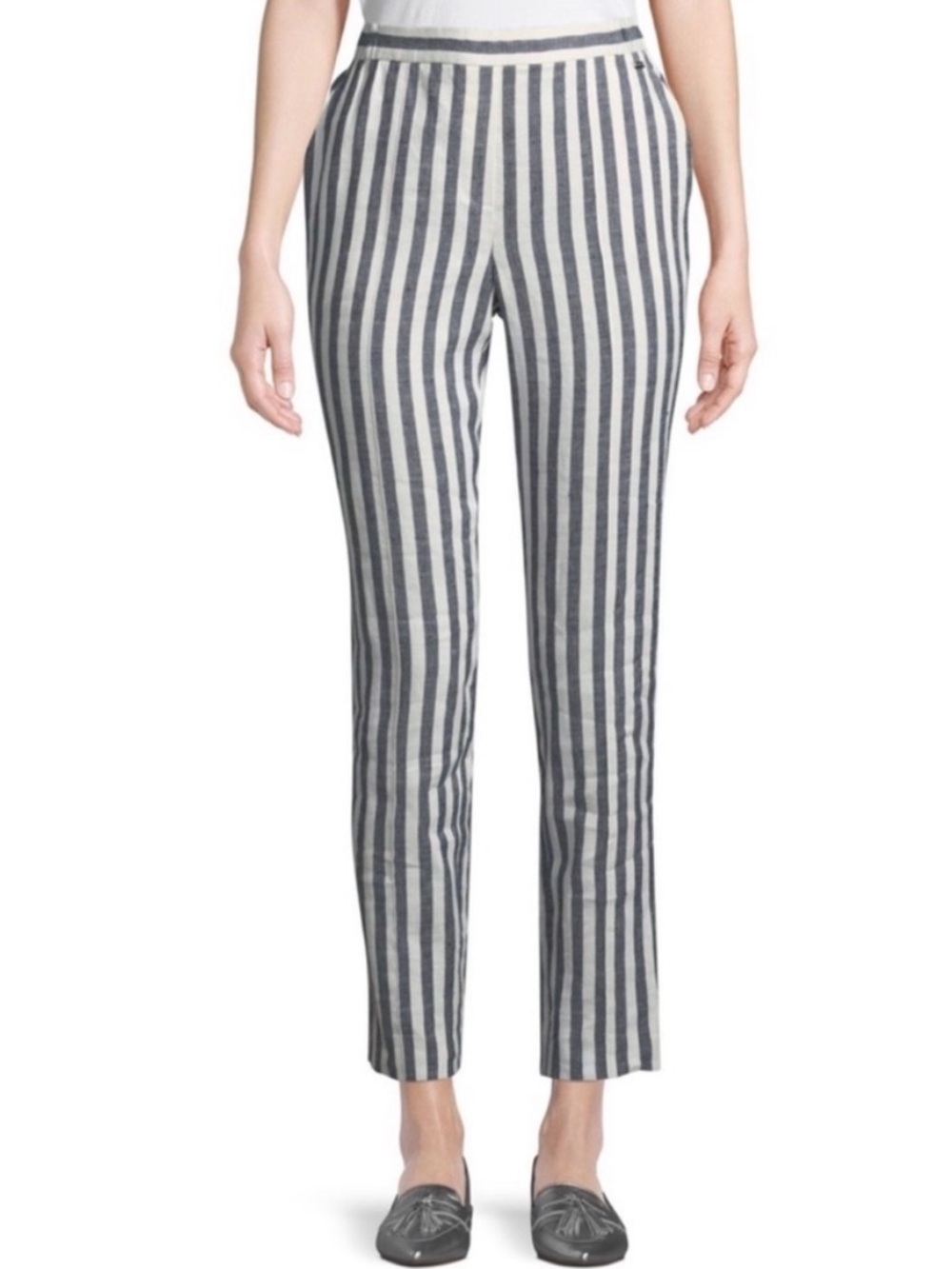 St. John Sport Blue and White Striped Linen-Blend Pants Size XL